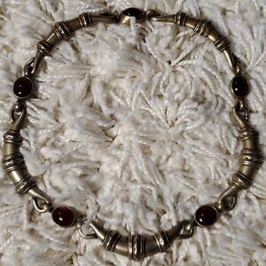 VINTAGE Brass Tone Choker Necklace with Red Cabochon Beads
